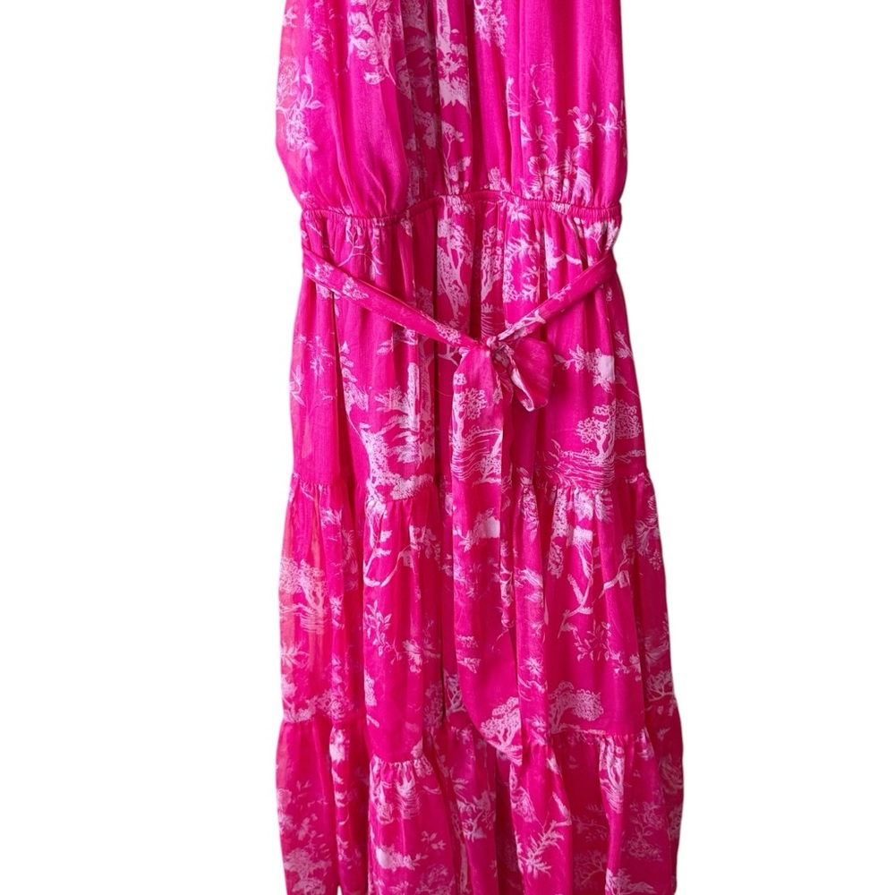 Lulus Float to You Hot Pink Floral Print Halter-Neck Tiered Midi Dress S Wedding - Picture 4 of 10